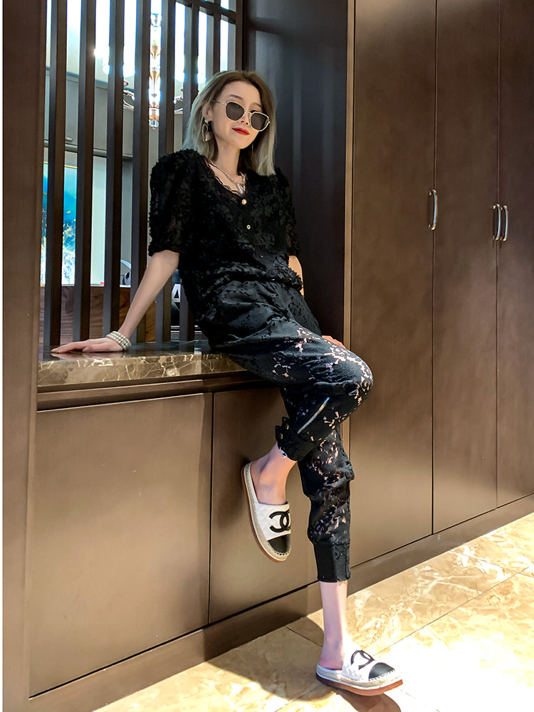 Ladies Fashion Lace Stitching Casual Pants