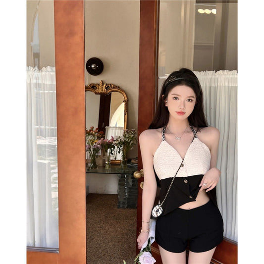 New Style Waist And Thin Hanging Neck Patchwork Small Fragrant Top