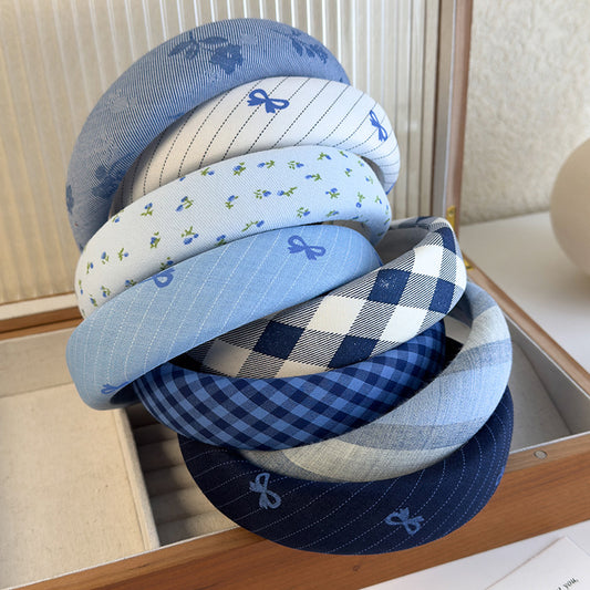 Blue Color Plaid Bow Sponge Headband