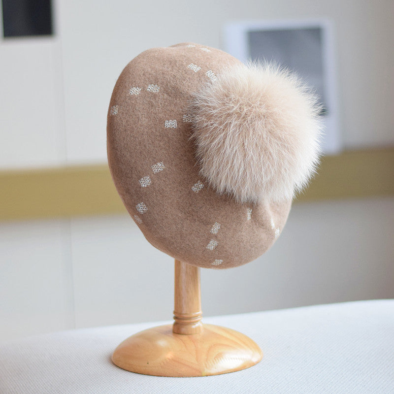 Elegant Woolen Gilding Beret Women's Korean Style Fox Fur Ball Vintage Painter Hat