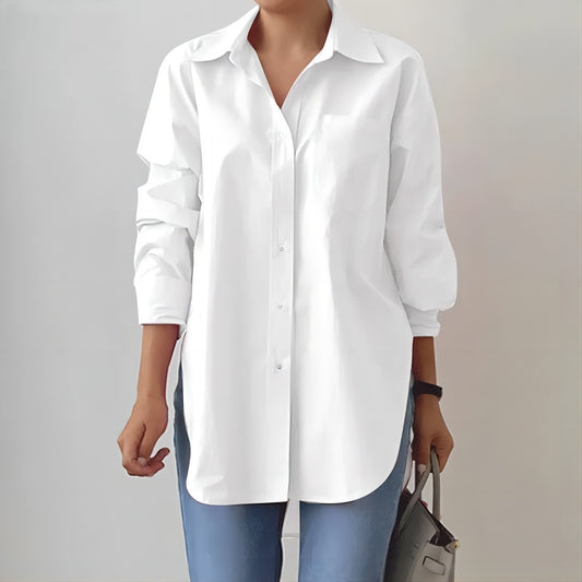 Solid-color Split-neck Long-sleeve Shirt