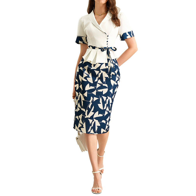 Womens Suit Shirt And Abstract Printed Sheath Midi Skirt Set