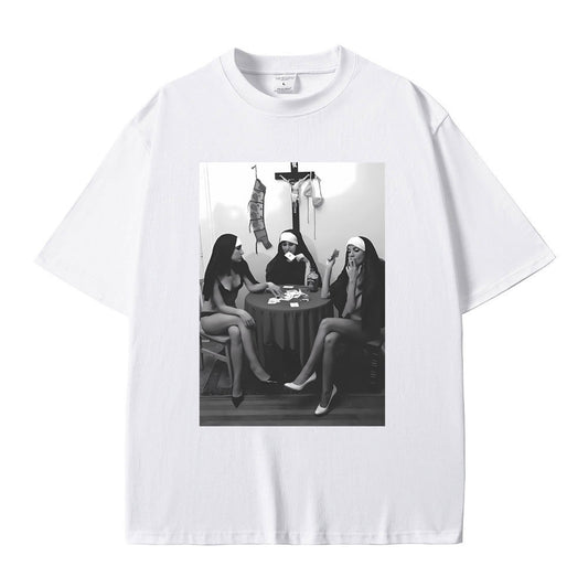 Nuns Naked Playing Card Smoking Drinking Funny Meme T-Shirt