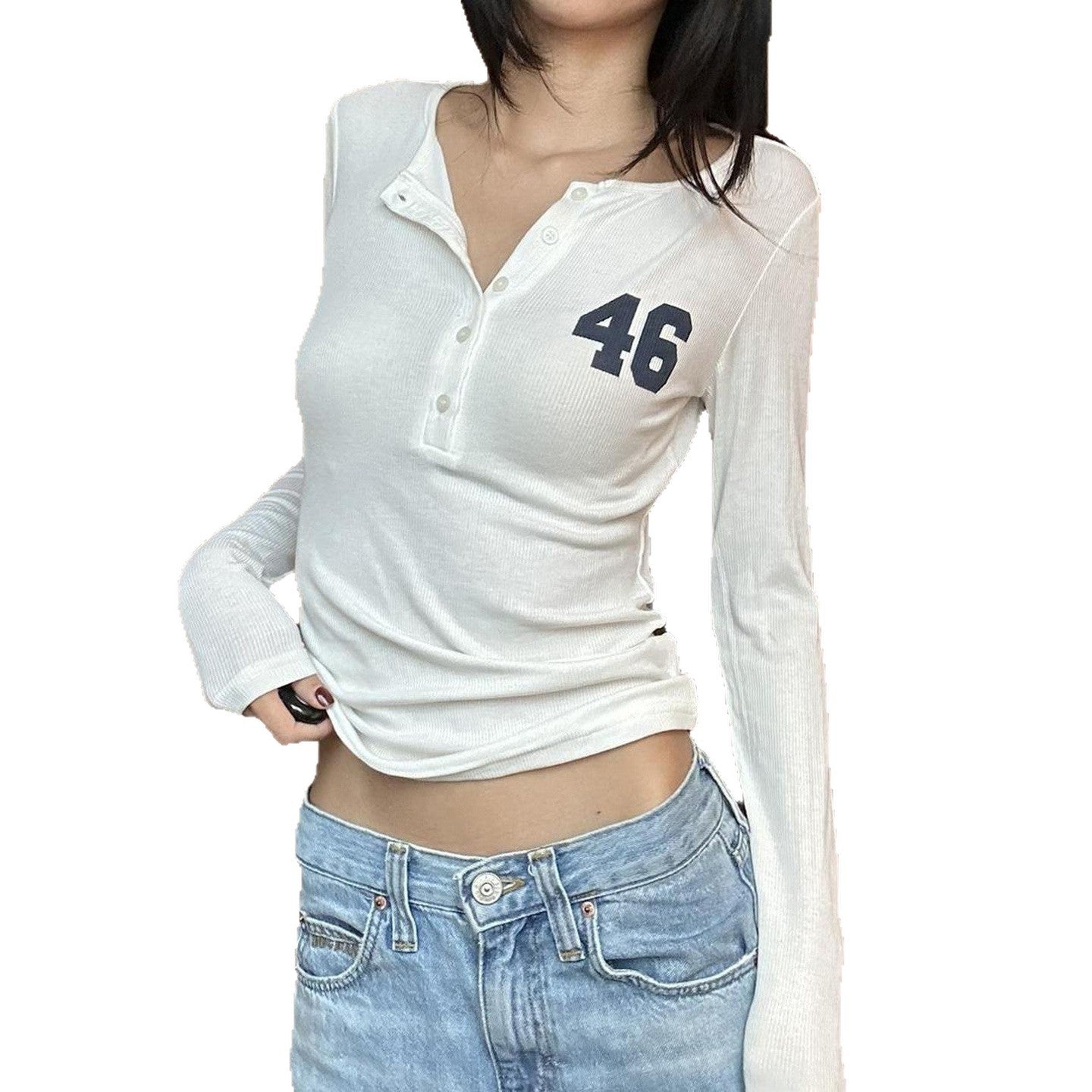 Button-down Semi-open-collar Slim-fit Long-sleeve Casual Top