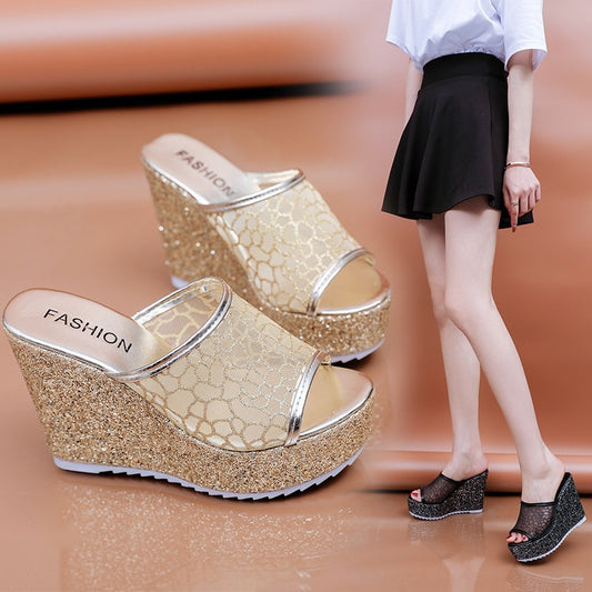 Women's Slope Heel Fishmouth Mesh Slippers