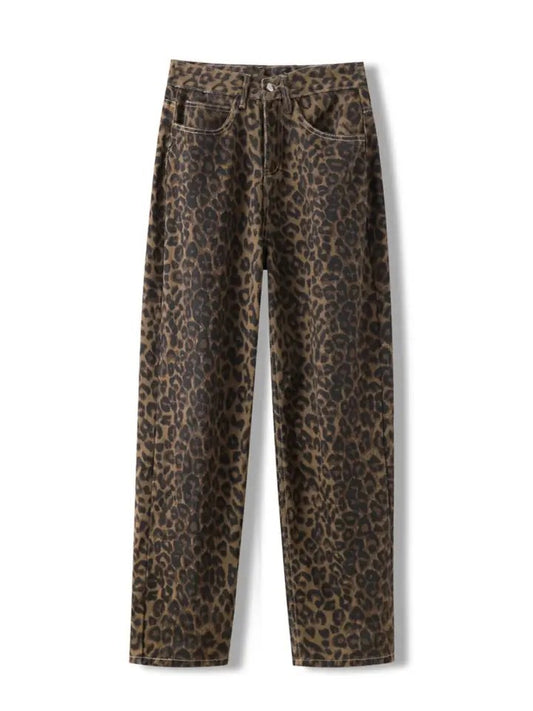 Vintage Leopard Print Jeans Straight Loose Men And Women