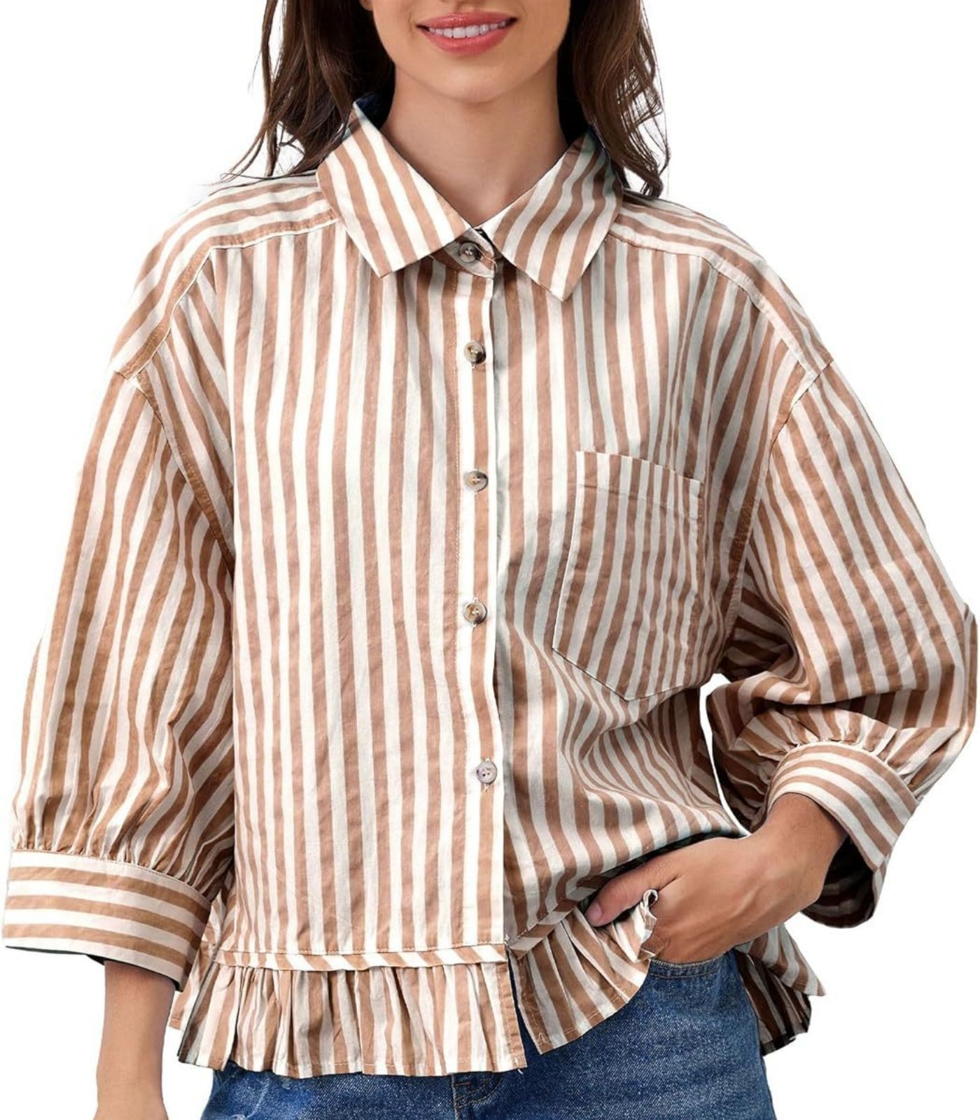 Loose-fitting Casual Top With A Front Placket And Three-quarter Sleeves