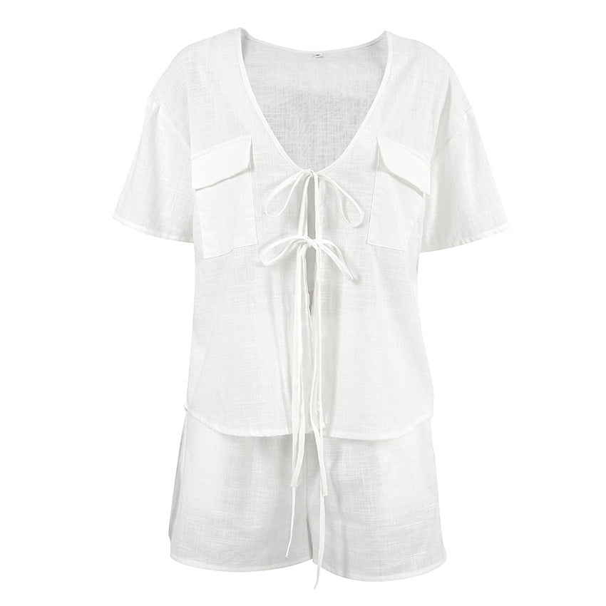 Pure Cotton Thin Cardigan With Tie-front And Short Sleeves
