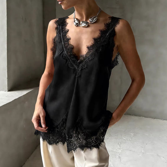 Lace-trimmed Sleeveless T-shirt A Stylish Top For Women
