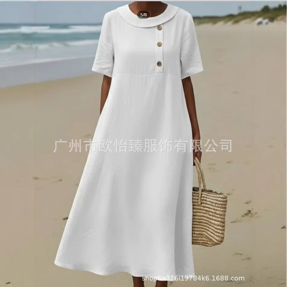 Solid-color Comfortable Crew-neck Loose-fitting Dress For Women