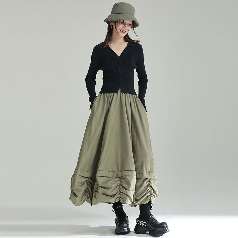 Pleated Bud Solid Color Umbrella Skirt