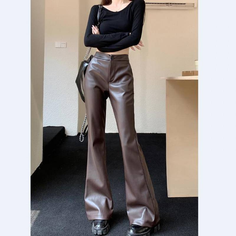 Slim Fit Læder Bootcut Bukser Slankende Højtaljede Casual Læderbukser