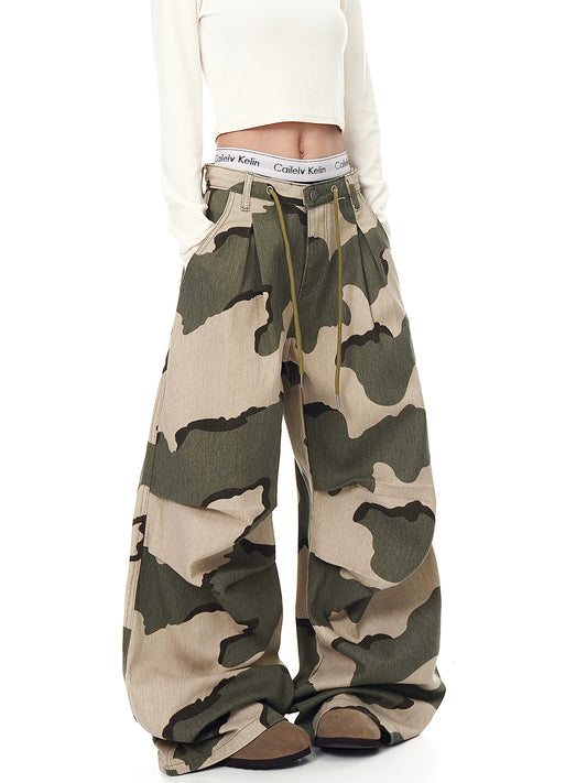 Retro Drawstring Pleated Camouflage Overalls Straight Loose Wide-leg Pants