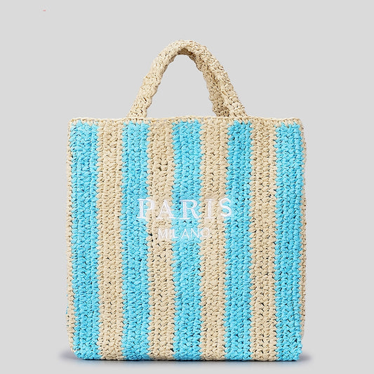 Striped Hand-woven Straw Bag Women's Embroidered Letters