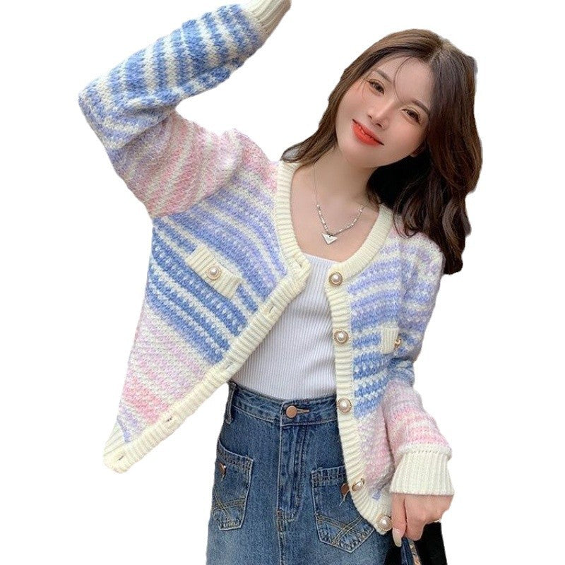 Women's Short Coat Color Striped Sweater Coat