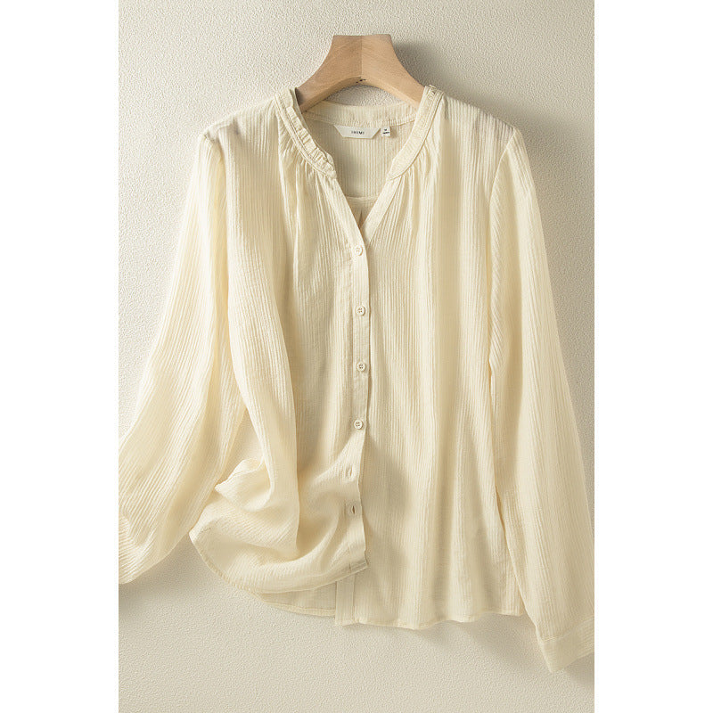 Womens Long Sleeve V Neck Loose Fit Button Up Shirt