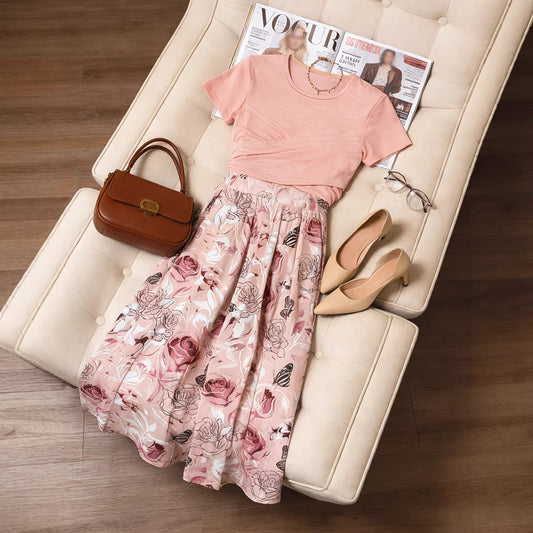 Women's Two-piece Dress, Solid Color Bow Slimming Top And Floral Print Skirt