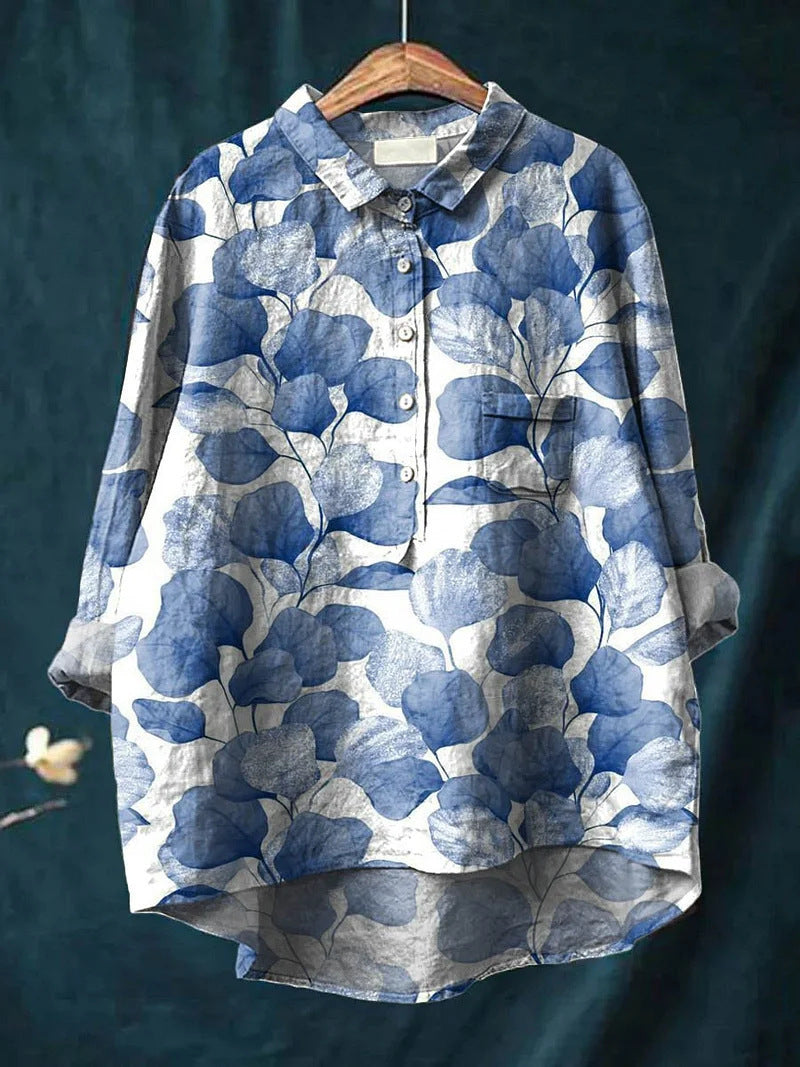 Lapel Long Sleeve Shirt Vintage Floral Flower T-shirt Shirt