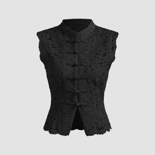 Lace Shirt Lapel Hollow Slit Vest Knot Sleeveless Top