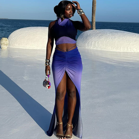 Fashionable Printed Sleeveless Backless Tank Top And Slit Skirt Set