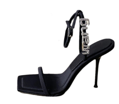 Women's New Summer Rhinestone Letters Square Toe Stiletto Heels
