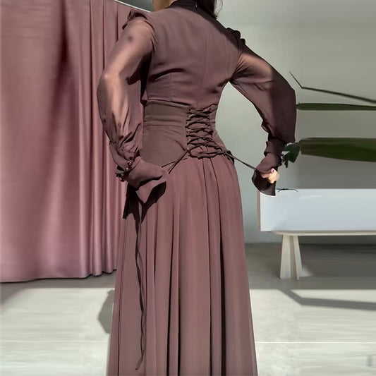 Lace-up V-neck Light-luxury Waist-cinching Maxi Dress With A Flared Hem