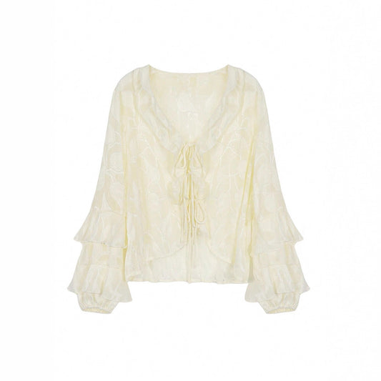 French-style Ruffled Lace Cardigan With Flared Sleeves And Tie Detailing
