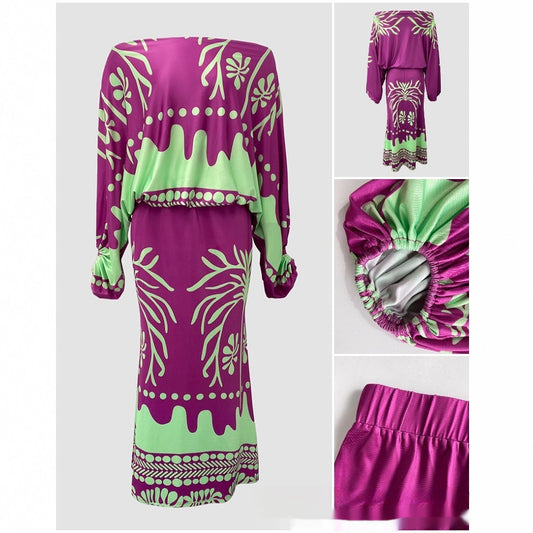 Printed Lantern-sleeve Loose-fit Top Set