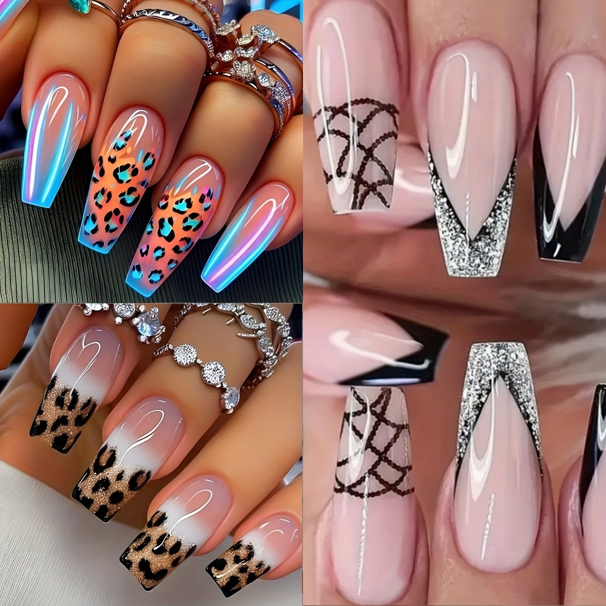 Blue Edge French Gradient Contrast Leopard Print Nail Tips
