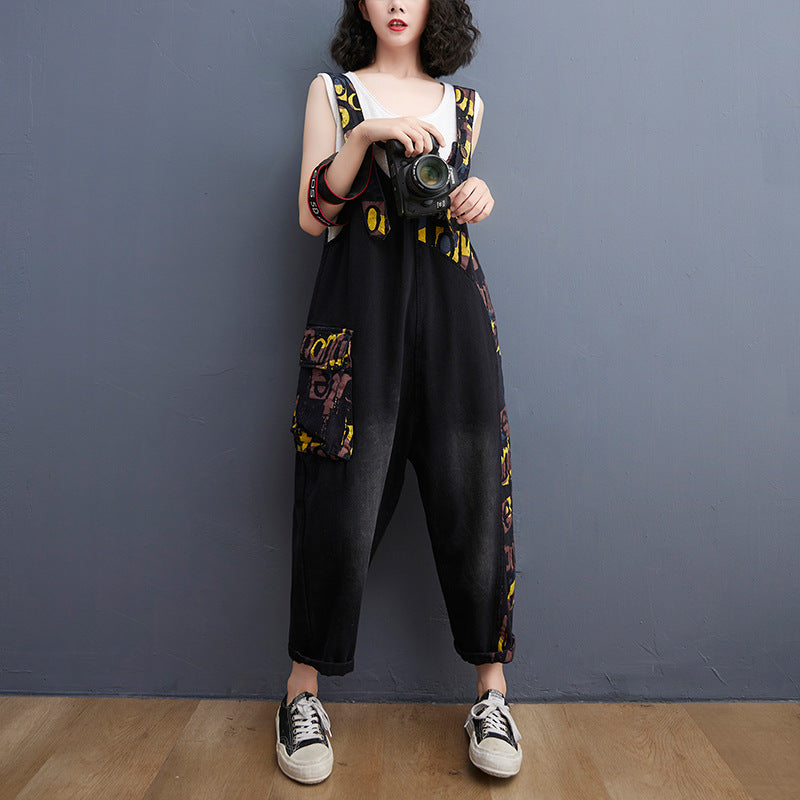 Women's Fashion Alphabet Print Large Size Denim Overalls