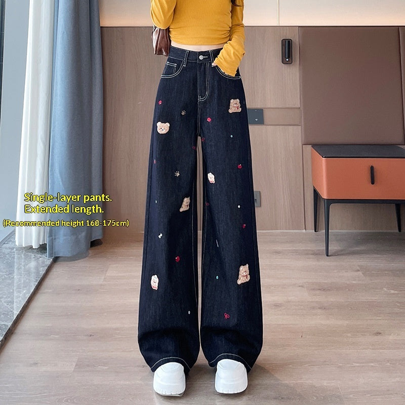 FallWinter Cartoon Embroidered Wide-Leg Straight Jeans