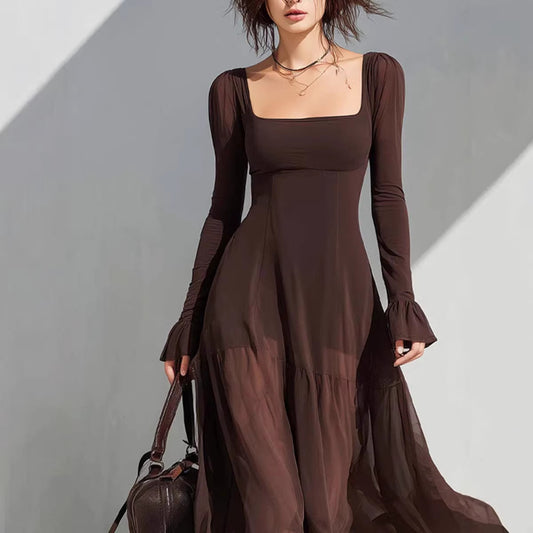 Womens Solid-Color Long-Sleeve U-Neck Dress