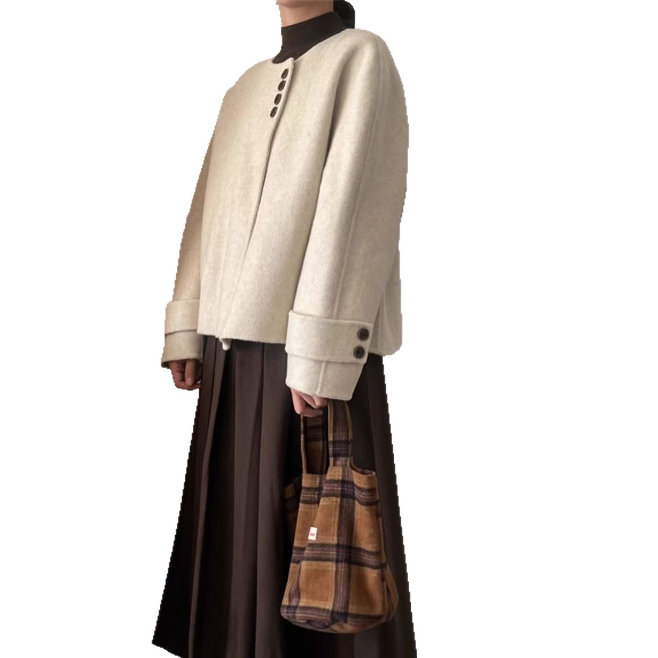 Autumn And Winter New Design Sense Creamy-white Short Woolen Coat Women