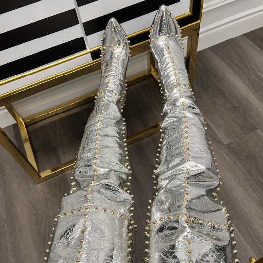 Explosive Sexy Gold-studded Stiletto-pointed Fashion Boots