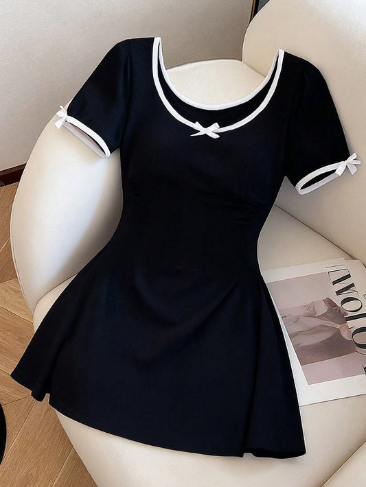 Women's Simple Contrast-color Bow Dress