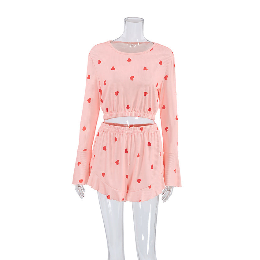 European And American Knitted Ribbed Heart Print Set