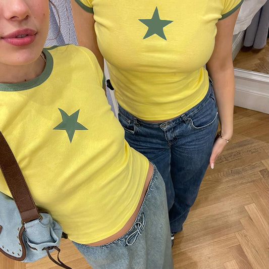 Contrast Star Print Crew Neck T Shirt Slim Fit