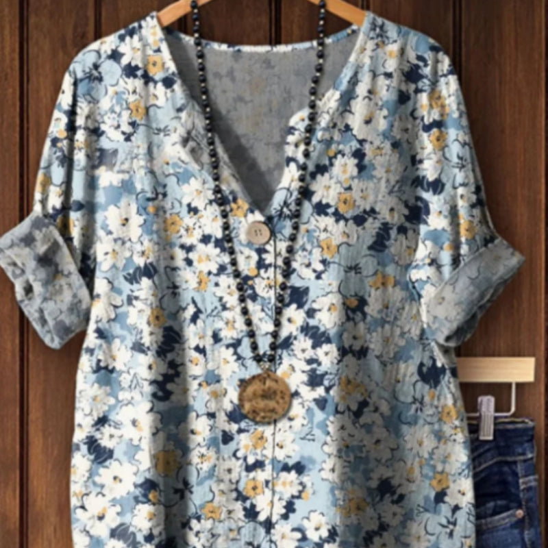 Women's Vintage Dense Floral Print Casual Cotton Linen Shirt