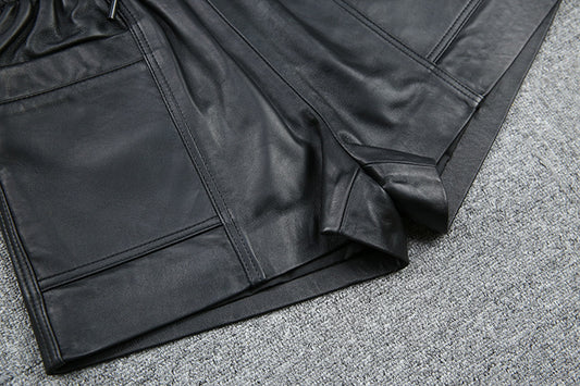 Drawstring Pocket Casual Leather Sheepskin Shorts