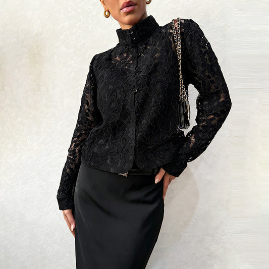 Fashionable Lace Blouse For Women Cardigan-style Top With A Stand-up Collar