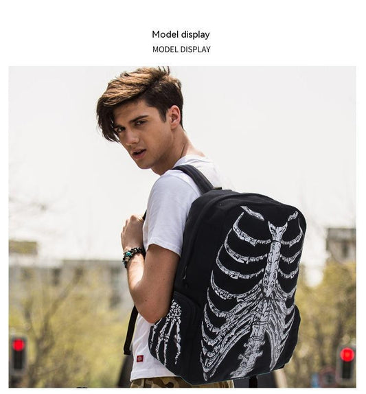 Printed Fashion European And American Canvas Bag Skull Personality Female Casual Men's Backpack