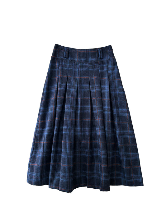 Deep Blue Plaid Preppy-Style Womens A-Line Midi Skirt