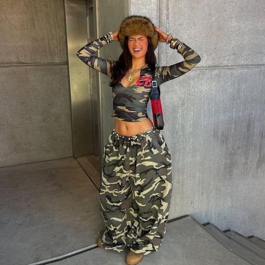 American-style Retro Camouflage-print U-neck Long-sleeve Top