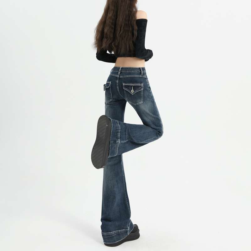 American Retro Stretch Washed Spicy Girl Flare Pants Women Low Waist Slimming