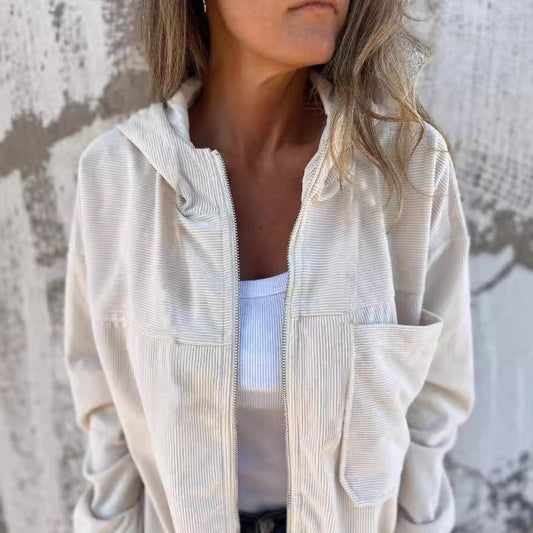 Women's Solid Color Simple Corduroy Hooded Jacket
