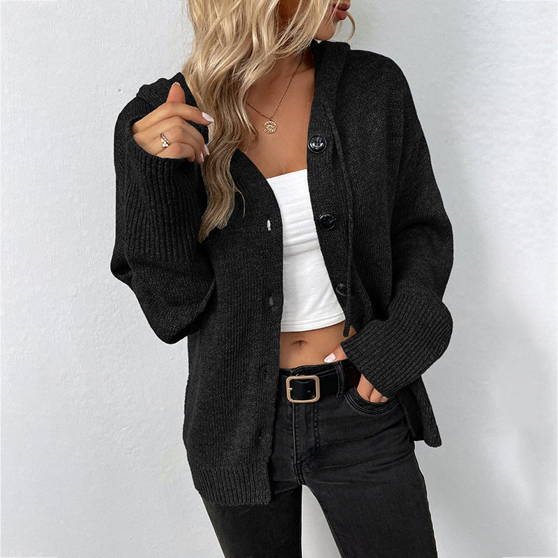 Women's Solid-Color Knitted Sweater With Front Buttons Hood And Drawstring