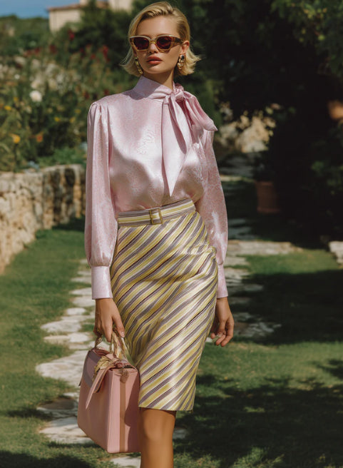 Elegant And Romantic Pink Rose Ribbon Shirt Striped Skirt Satin Set