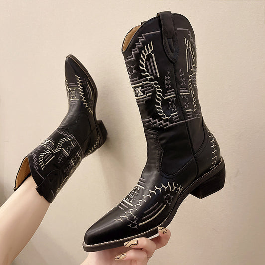 Cowboy Boots With Pointed Toe And Thick Heel