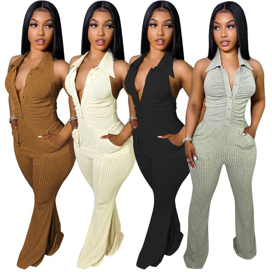 Women's Solid Color Halter Neck Lapel Jumpsuit