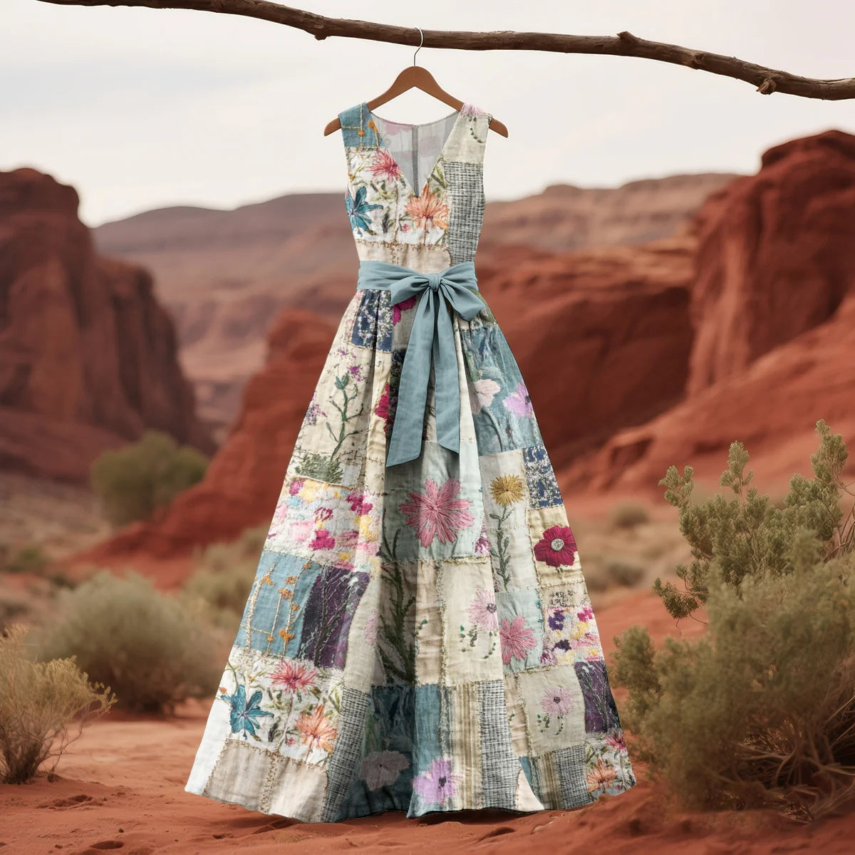 Womens Sleeveless V-Neck Lace-Up Dress With Floral Print